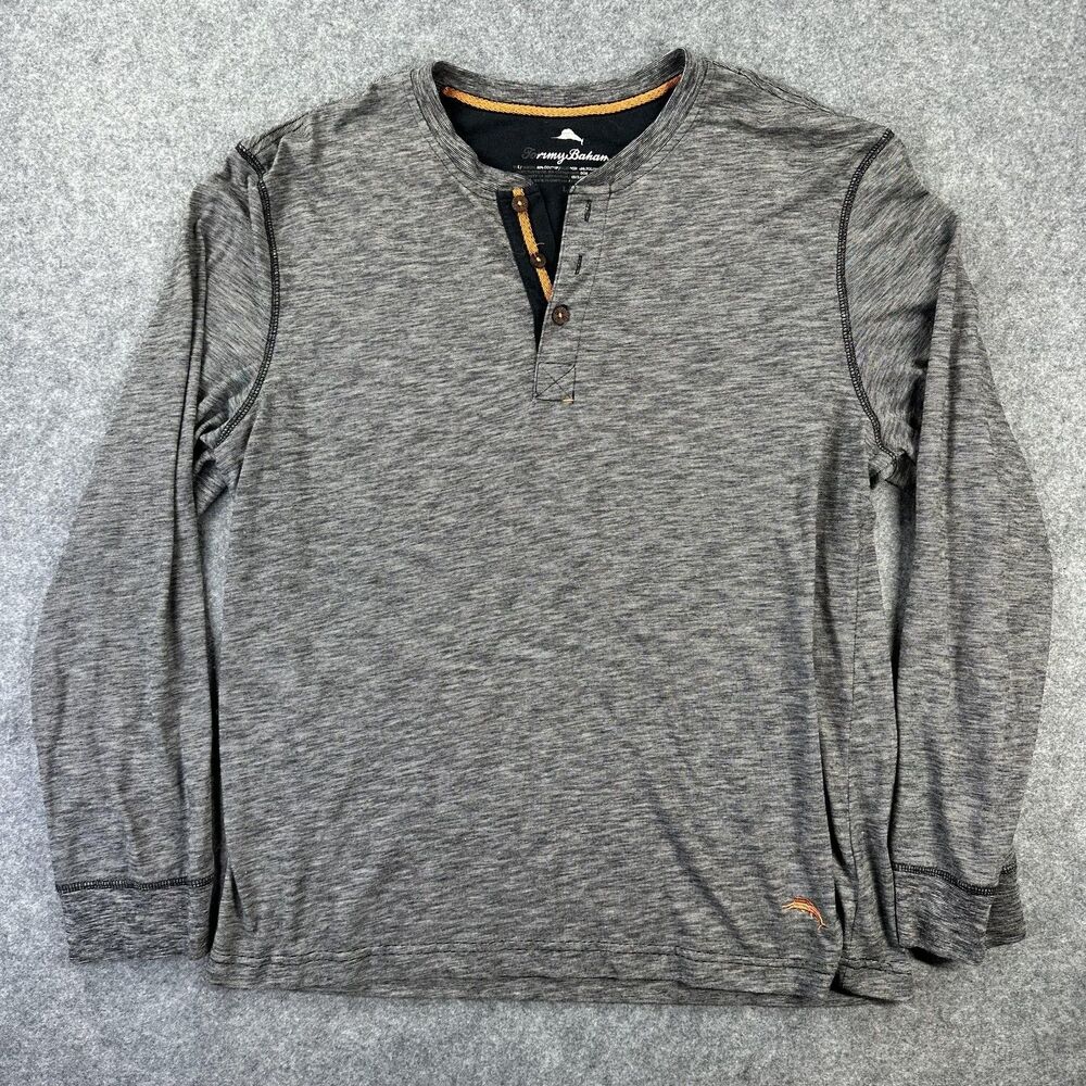 Tommy Bahama Shirt Mens Large Gray Henley Long Sleeve Marlin Logo Tagless